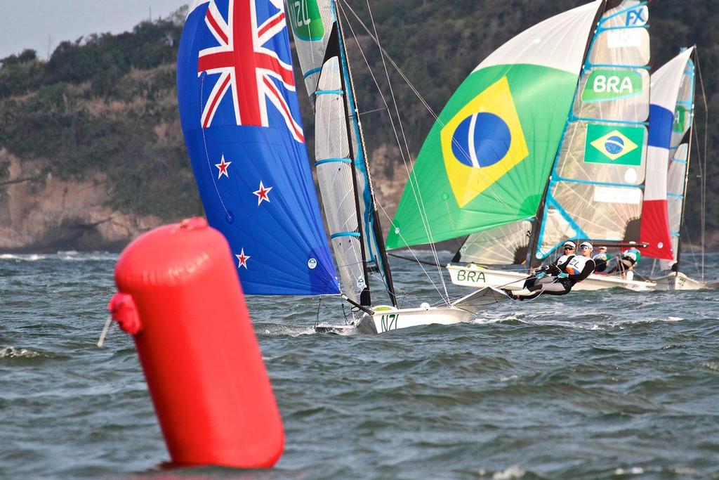 Early leaders, Alex Maloney and Molly Meech in the 49erFX Medal race at the end of Leg 2, 2016 Sailing Olympics © Richard Gladwell www.photosport.co.nz